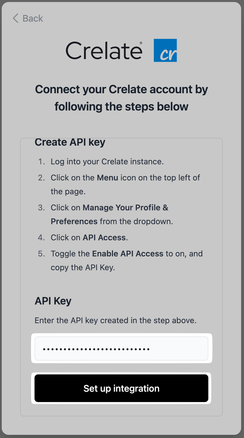 Pasting the API key in the connection pop-up