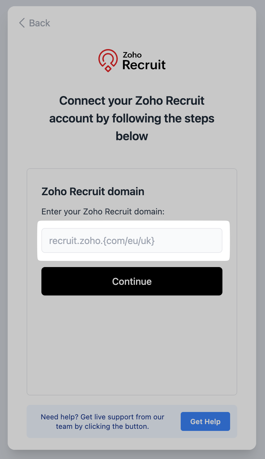 Entering the Zoho Recruit domain in the connection pop-up