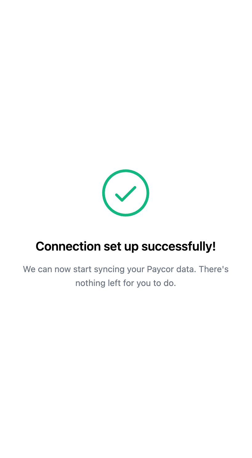 Example Paycor connection success screen