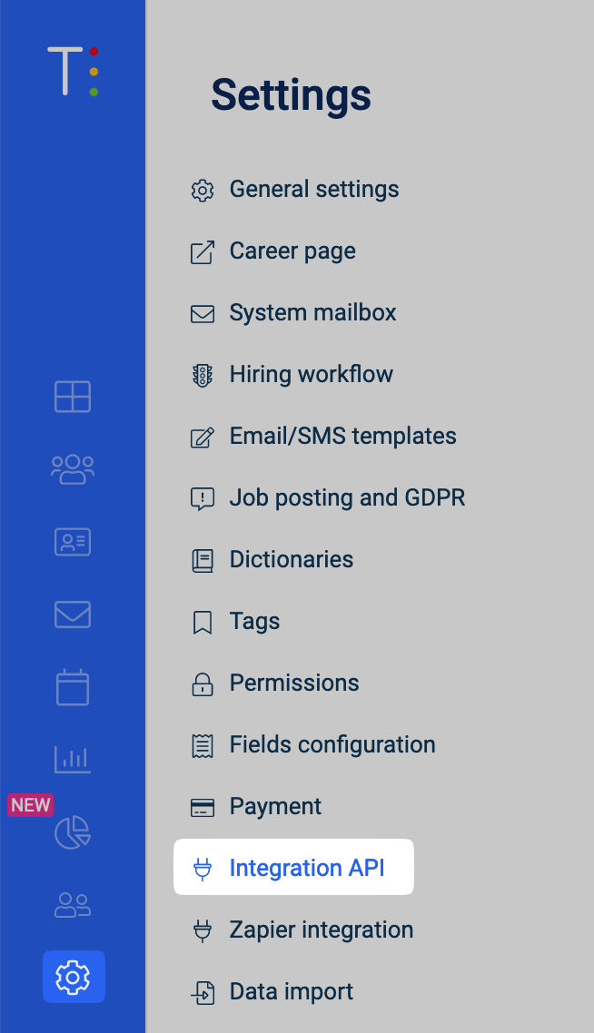TRAFFIT Settings menu with Integration API selected
