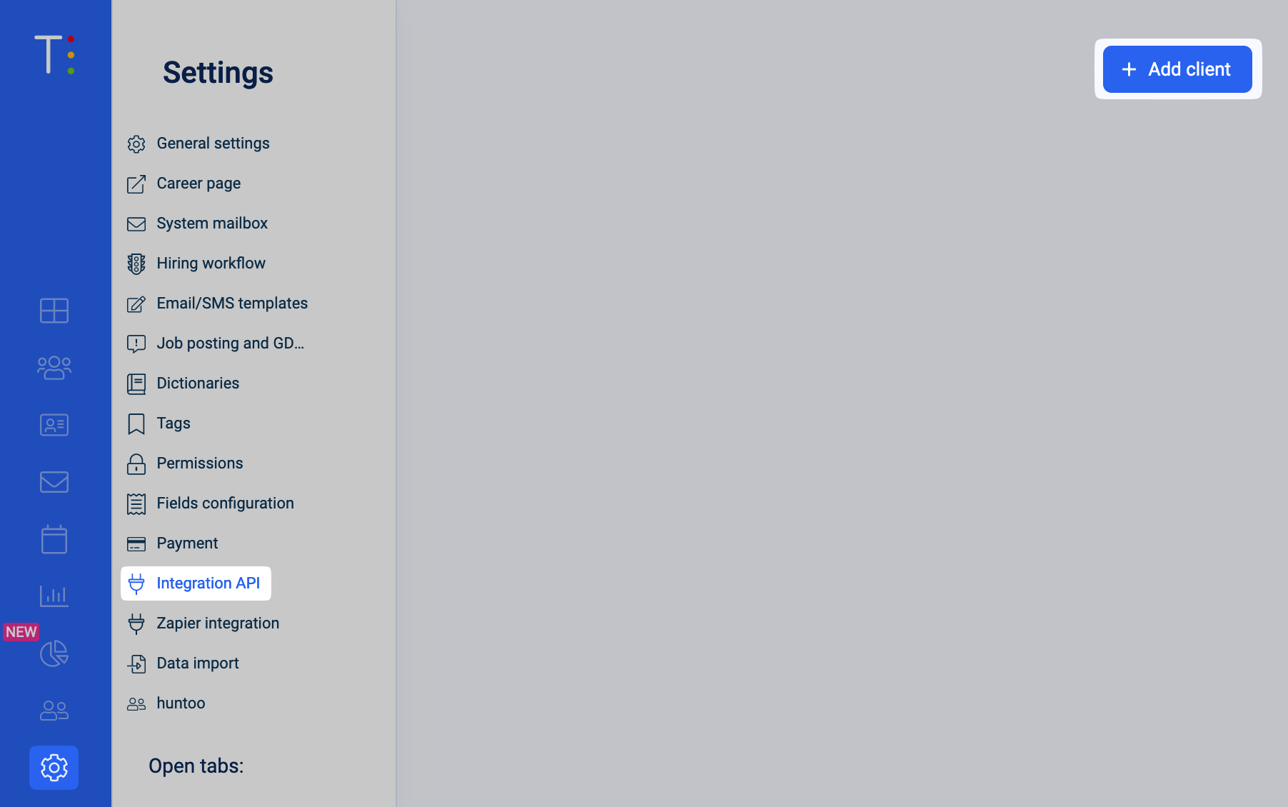 Add client button in TRAFFIT Integration API