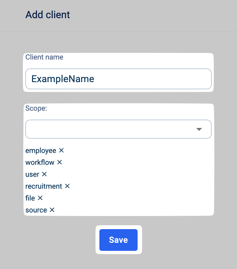TRAFFIT Add client form with Client name and Scope fields