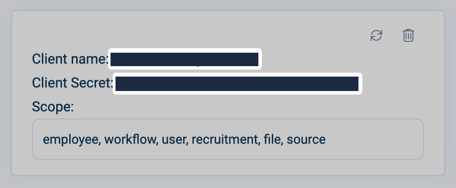 Saved TRAFFIT API client showing Client name, Client Secret, and Scope