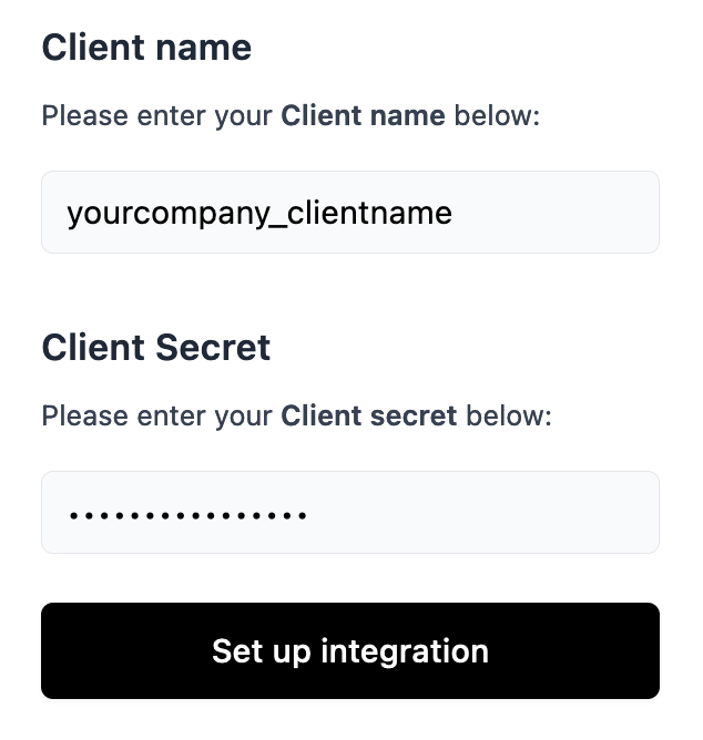 Example TRAFFIT Client name and Client Secret fields in a connection pop-up