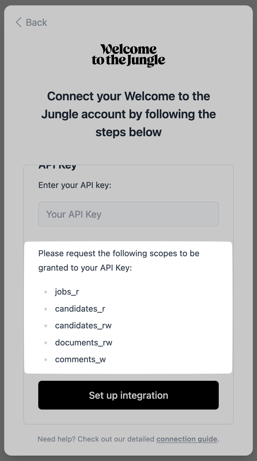 Example of required scopes in a Welcome to the Jungle connection pop-up