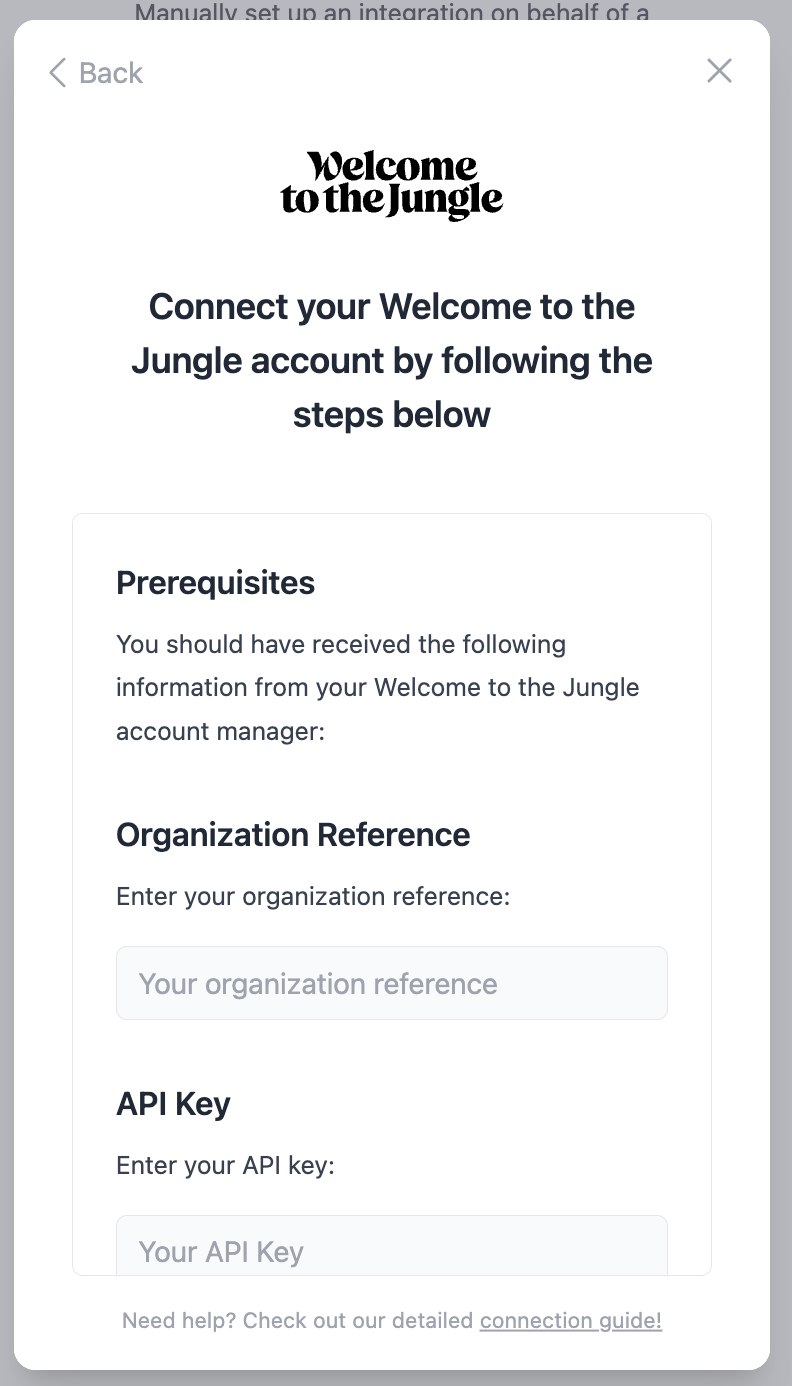 Example Welcome to the Jungle Organization Reference and API Key fields in a connection pop-up