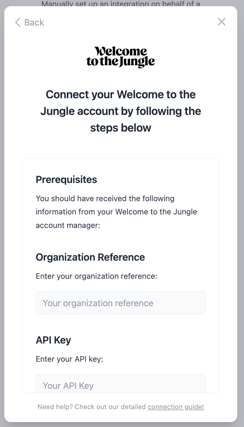 Example Welcome to the Jungle Organization Reference and API Key fields in a connection pop-up