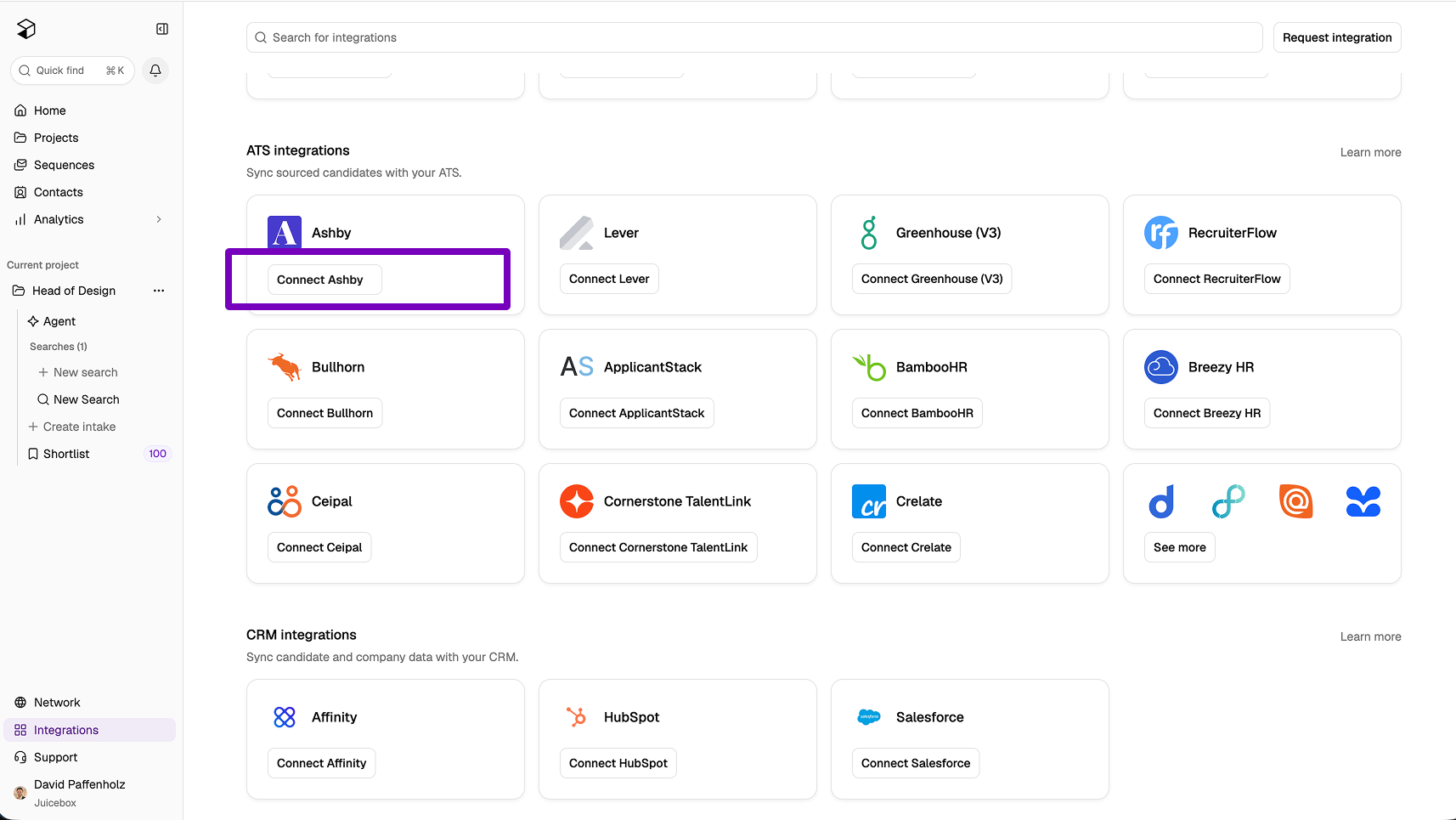 Connect Ashby button on the Ashby tile in the Integrations page