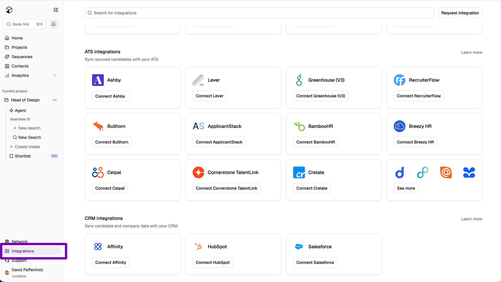 Integrations tab highlighted in the left-hand navigation
