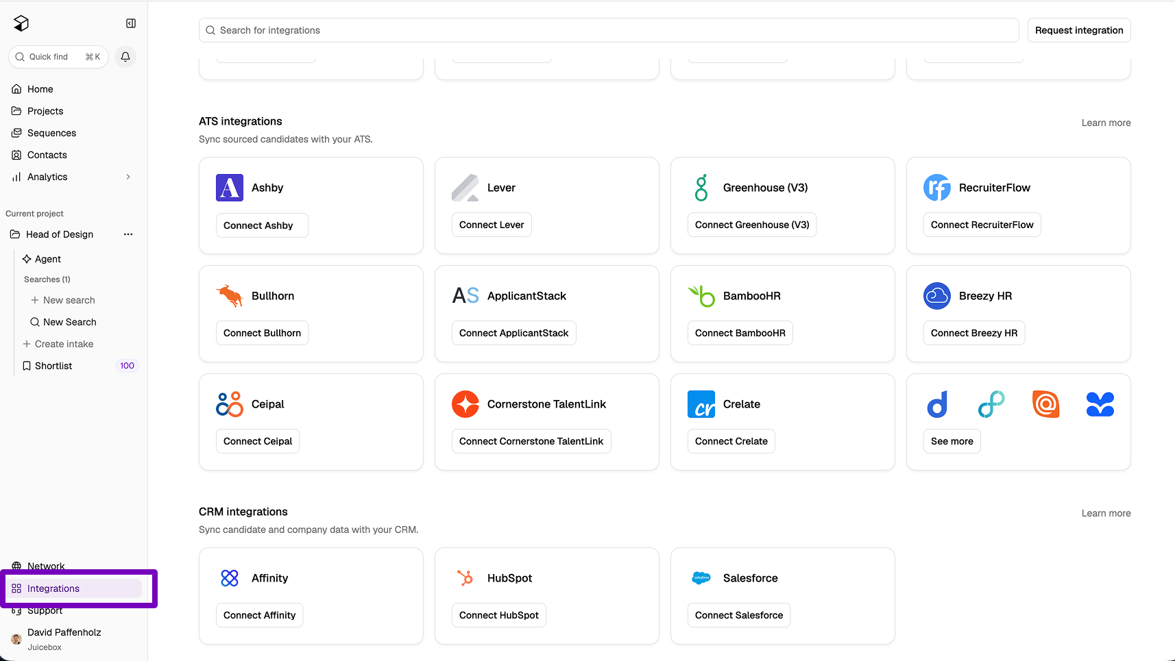 Integrations tab highlighted in the left-hand navigation
