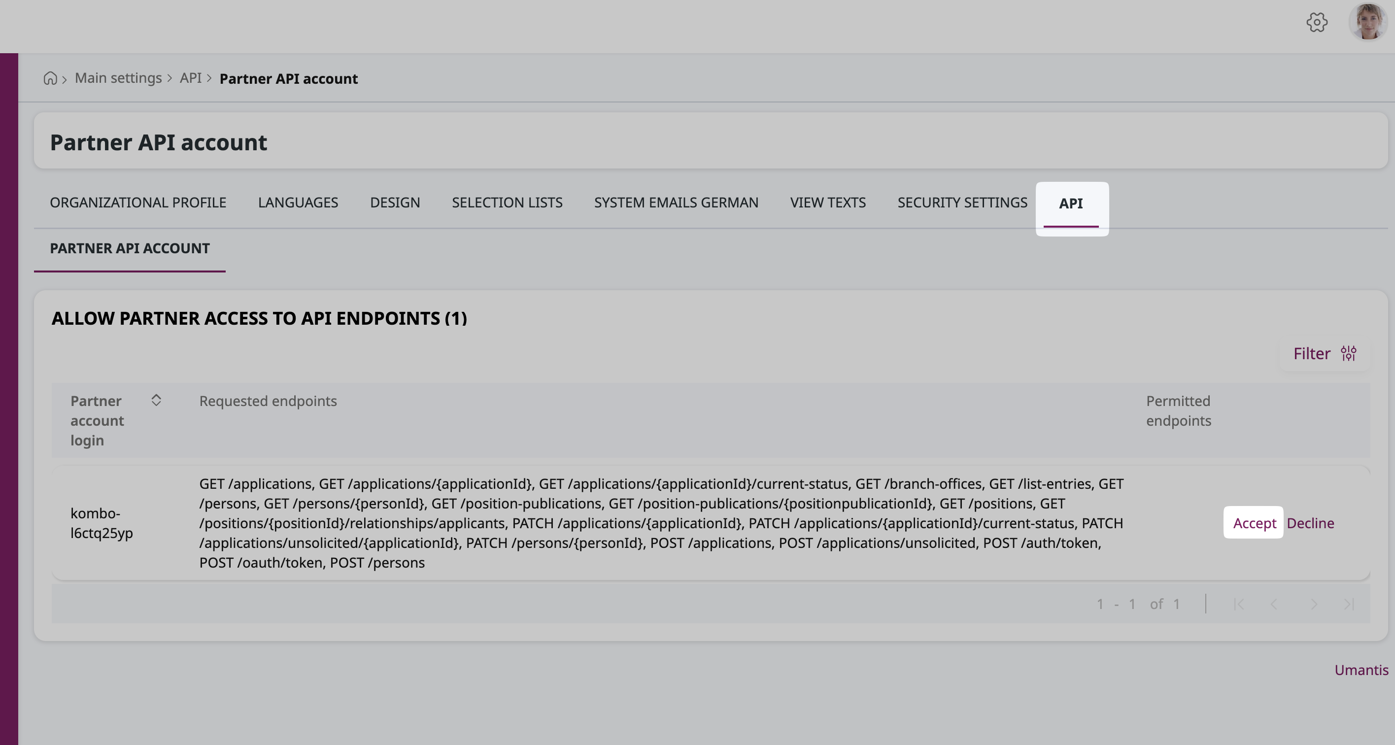Accept the pending partner API account in Umantis.