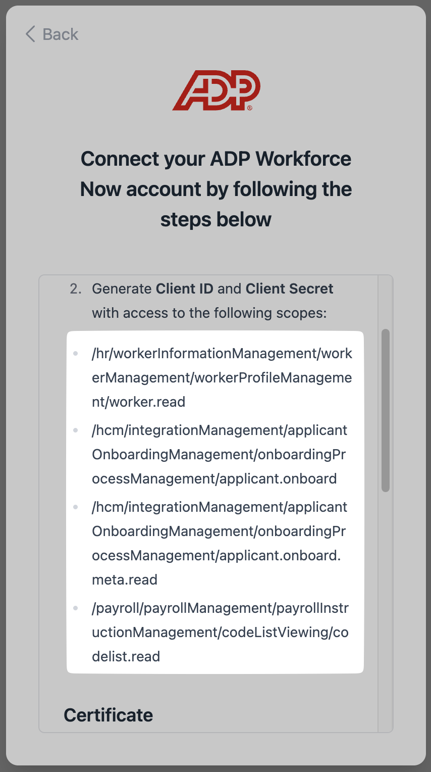 The scope list is specific to your connection; this screenshot is an example.