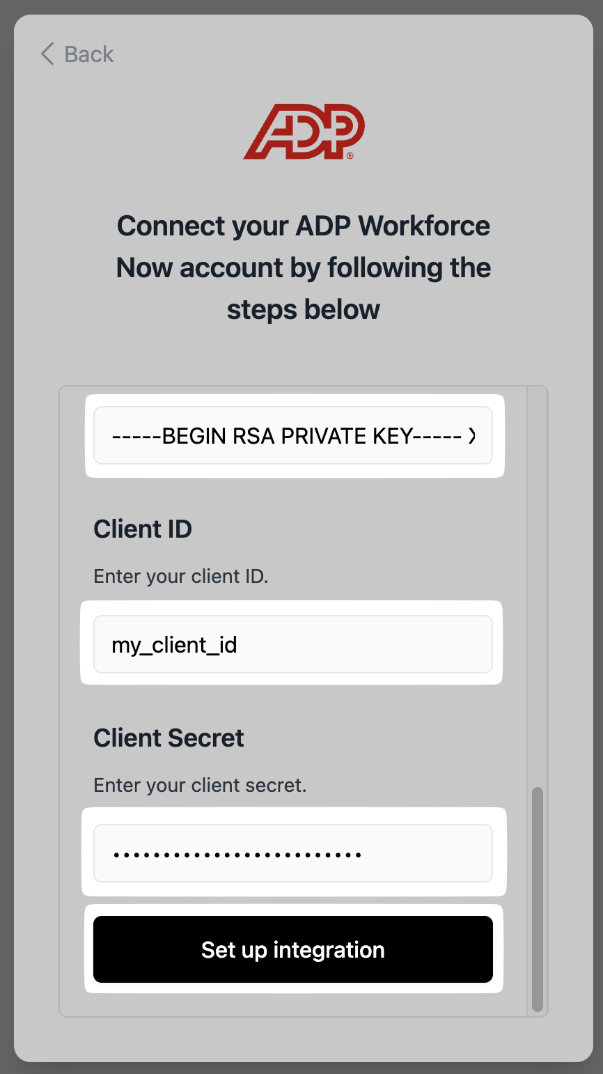 Enter the ADP credentials and certificate material in the connection window.