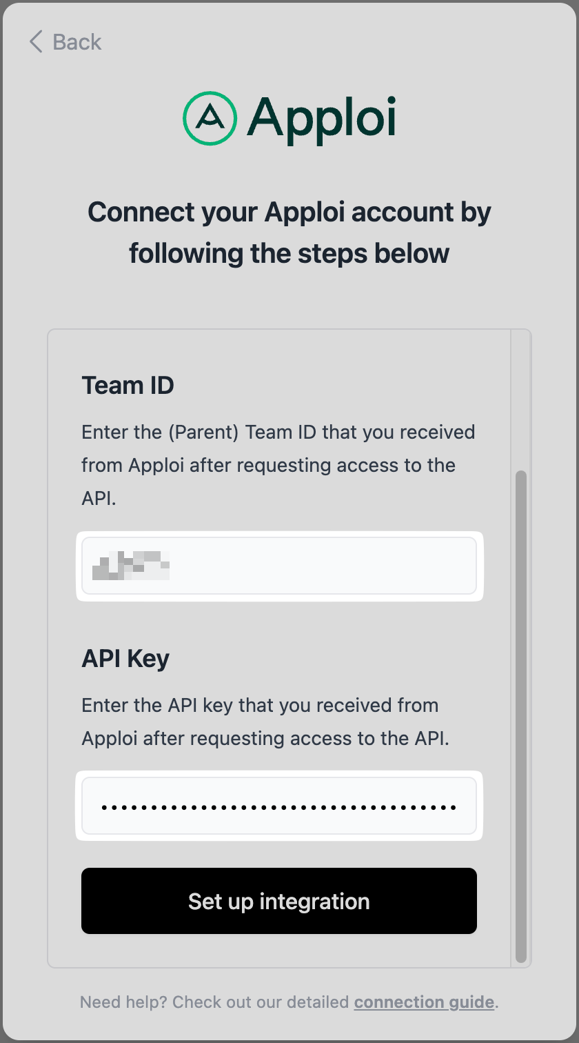 Use the Parent Team ID and API key supplied by Apploi.