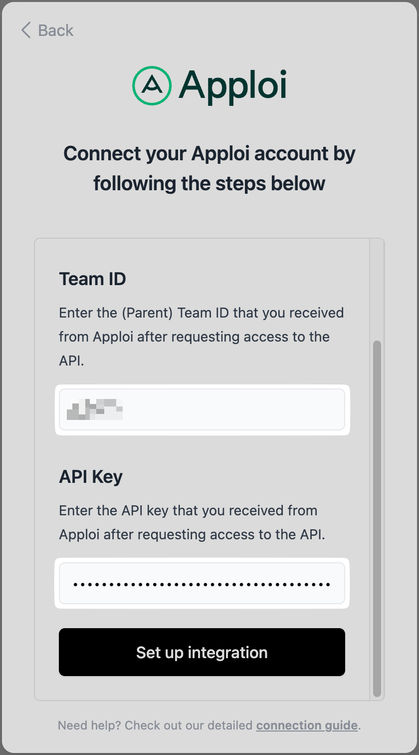 Use the Parent Team ID and API key supplied by Apploi.