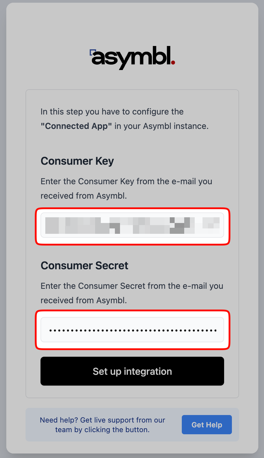 Enter the Asymbl client credentials.