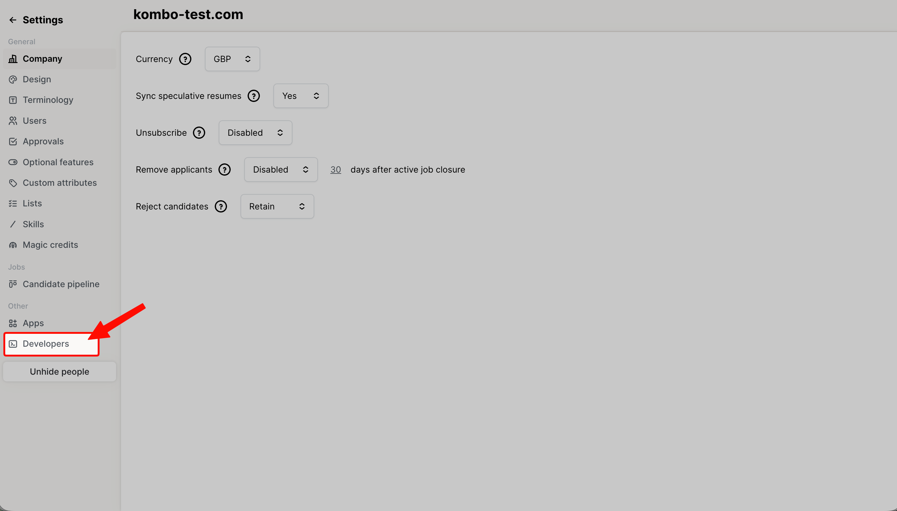 Open Developers in Atlas company settings.