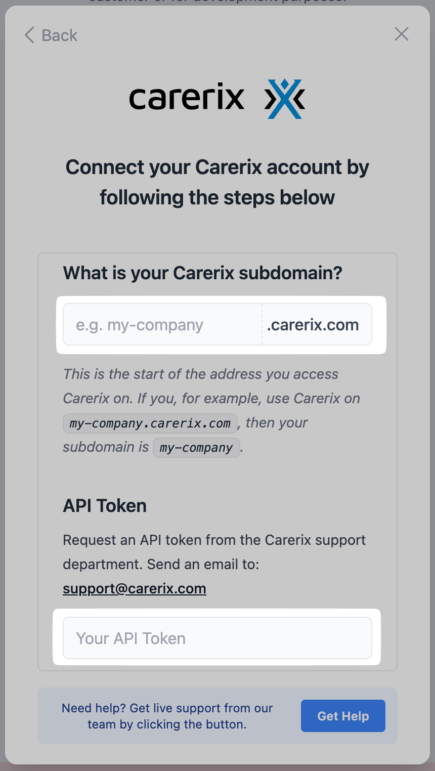 Enter your Carerix subdomain and API token.