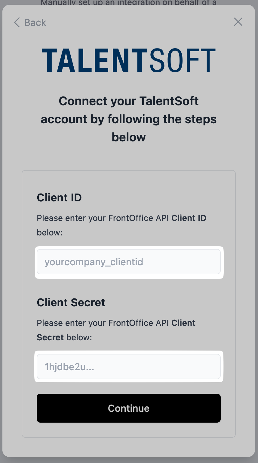 Enter the FrontOffice client credentials.