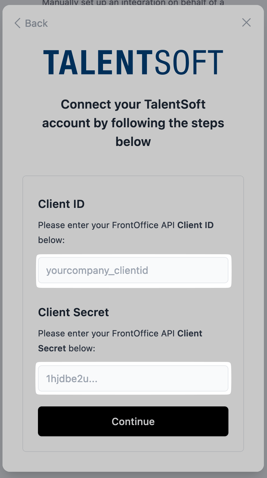 Enter the FrontOffice client credentials.