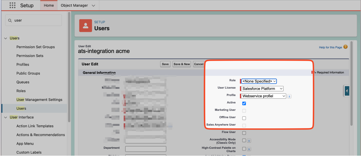 Configure the integration user and its Salesforce license.