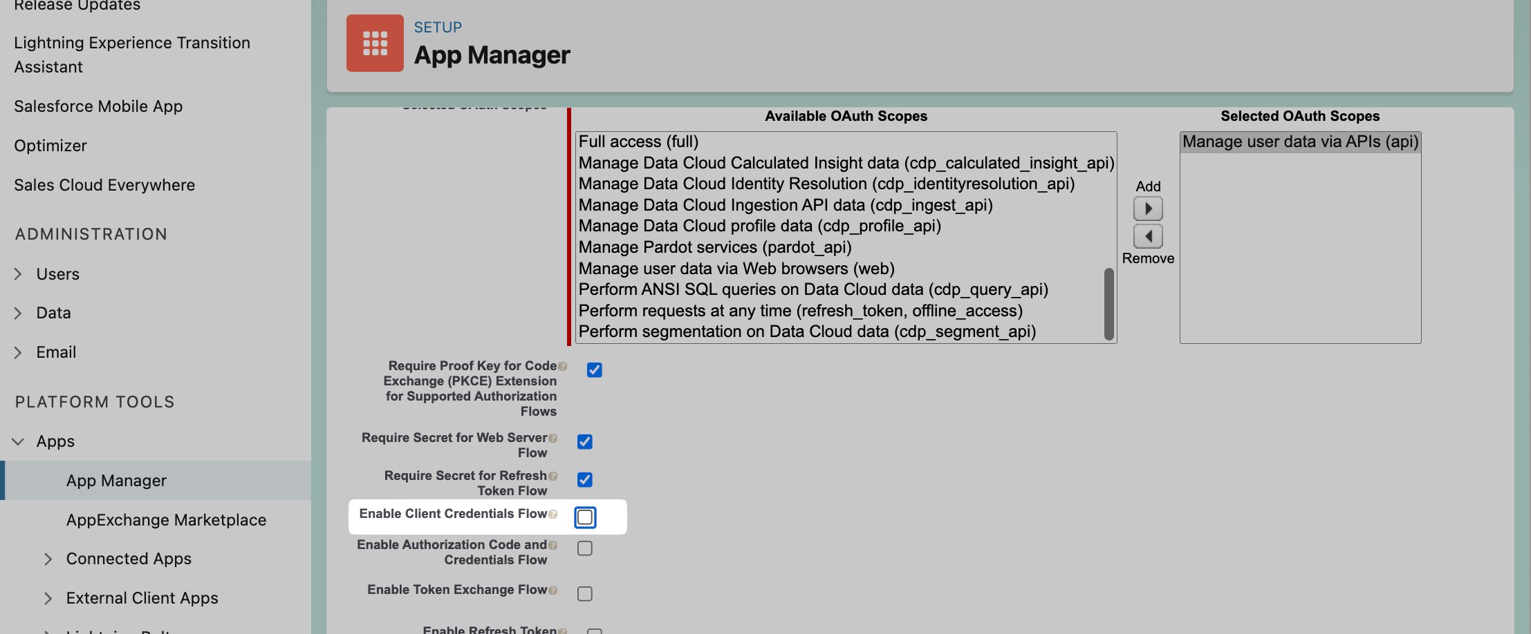 Enable Client Credentials Flow.