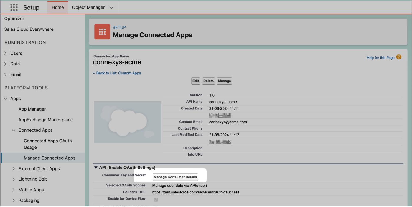 Open Manage Consumer Details for the connected app.