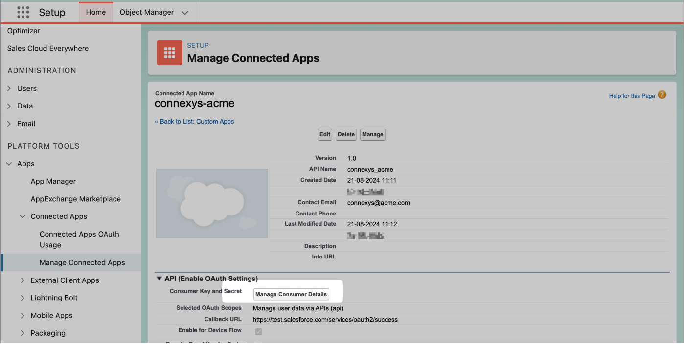 Open Manage Consumer Details for the connected app.