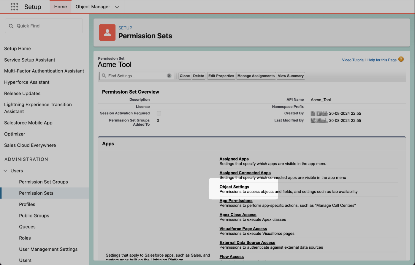 Open Object Settings in the new permission set.