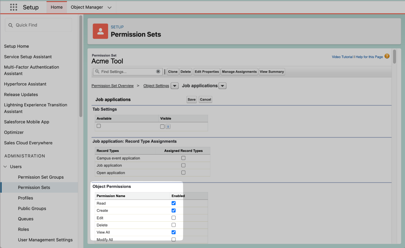 Set the permissions requested for each object.