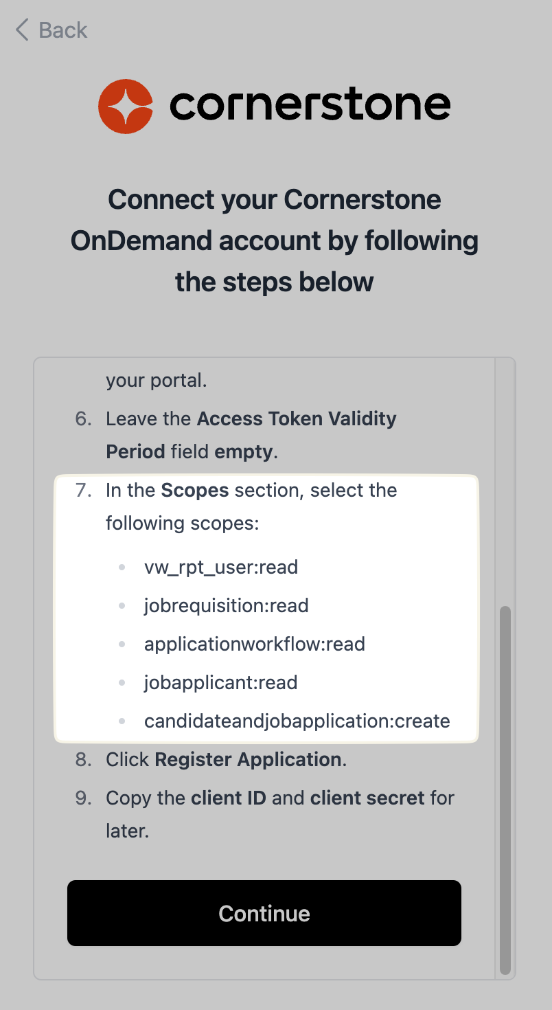 Use the scope list supplied by your connection window.