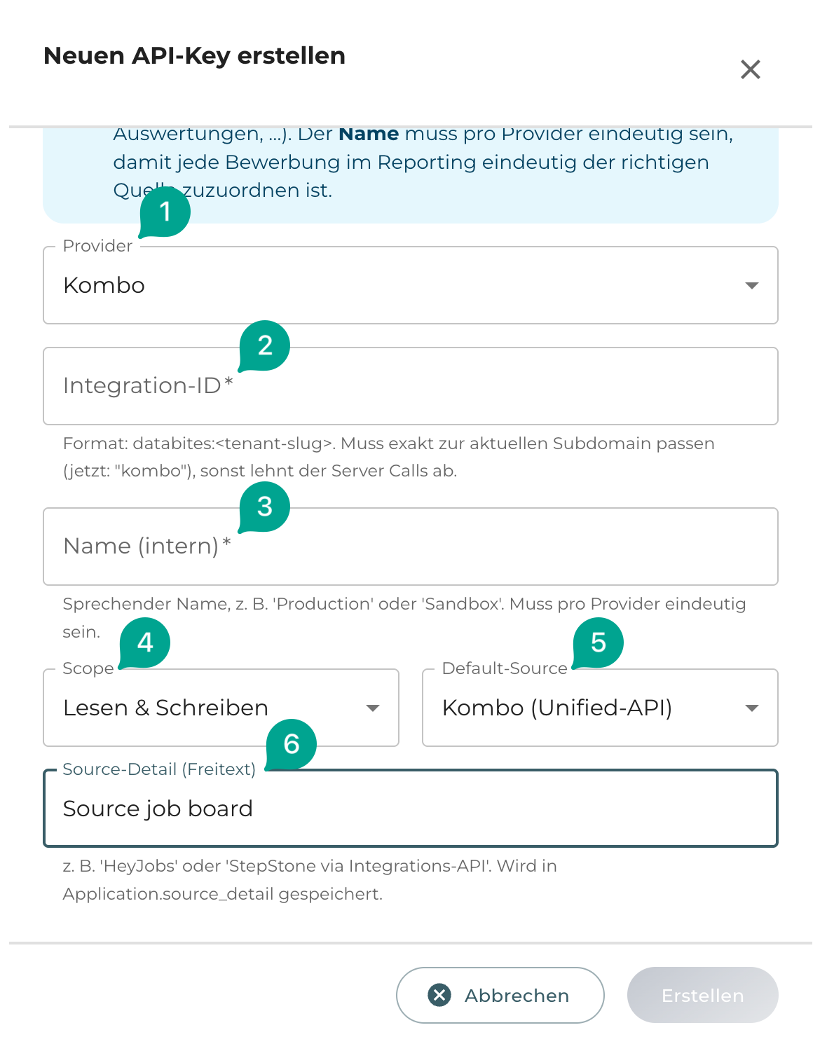 Configure the provider, integration ID, permissions, and source.