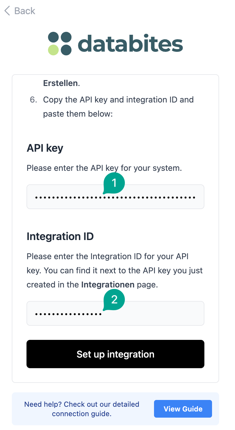 Enter the API key and matching integration ID.