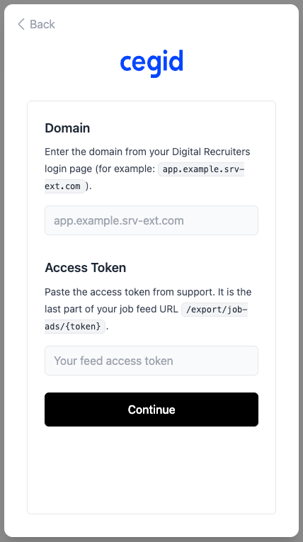 Enter the Digital Recruiters domain and job-feed token.