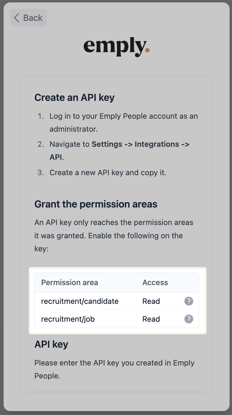 Use API v2 and the permissions listed in your own connection window.