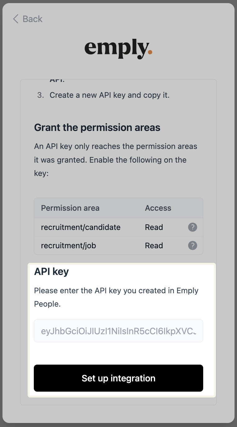 Enter the Emply API v2 key.