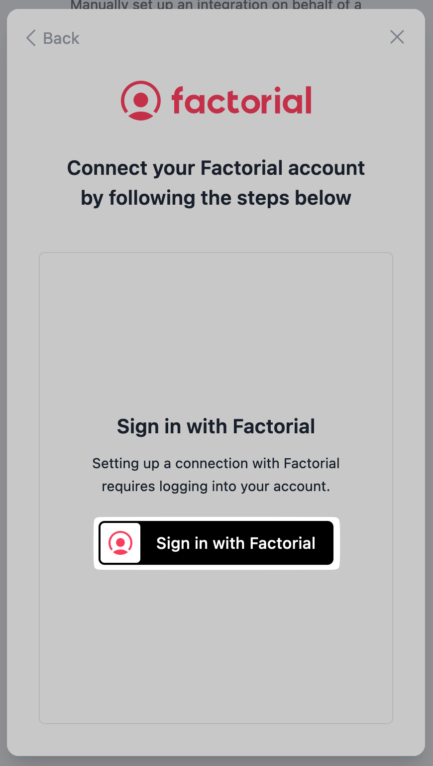 Start Factorial authorization from the connection window.