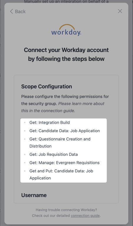 The list of permissions shown in the connection flow
