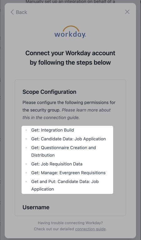 The list of permissions shown in the connection flow