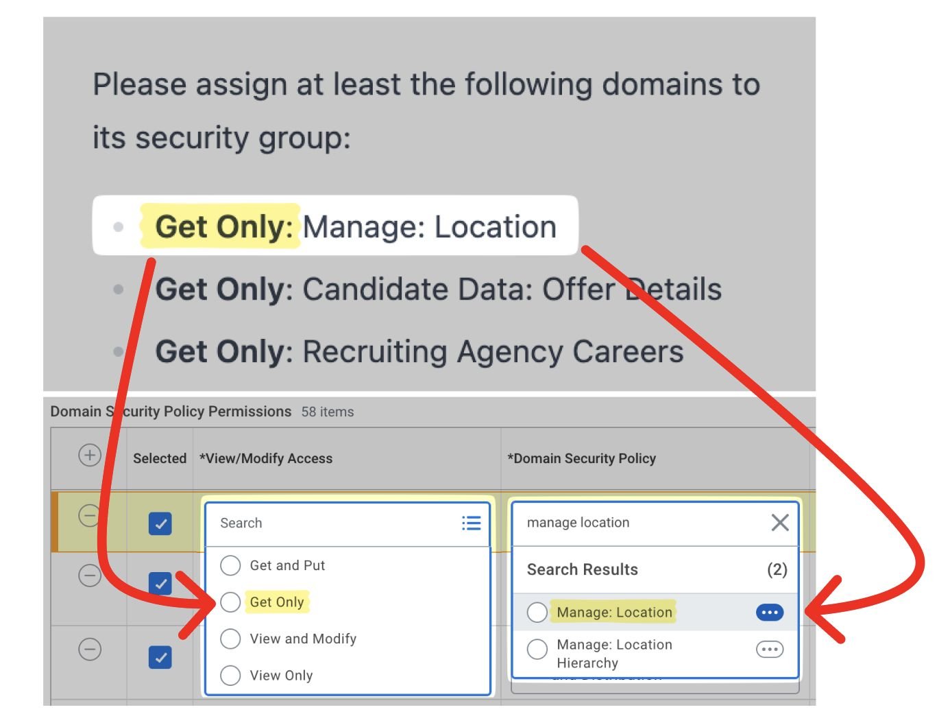 Entering a permission's access level and domain security policy