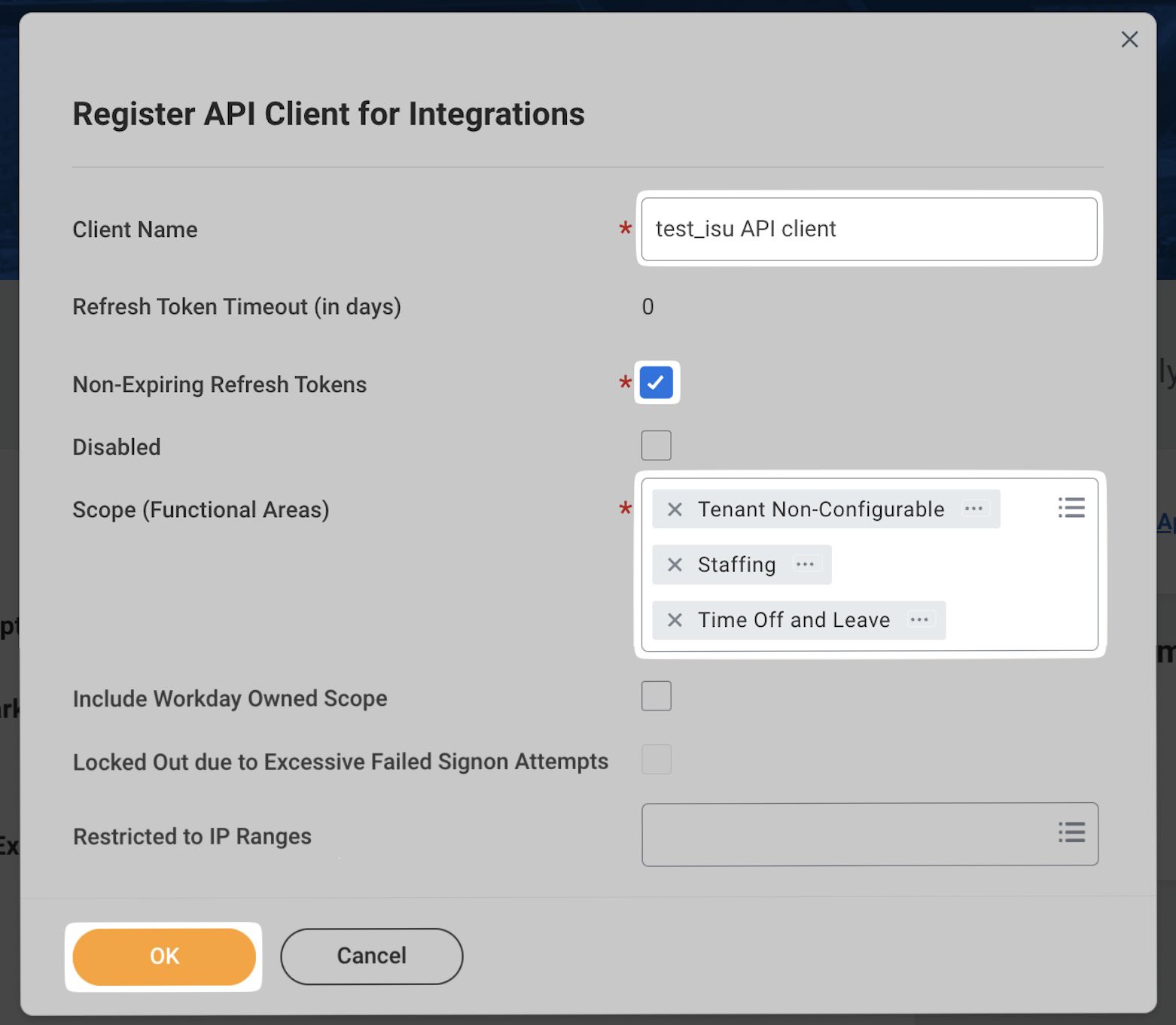 The Register API Client for Integrations form