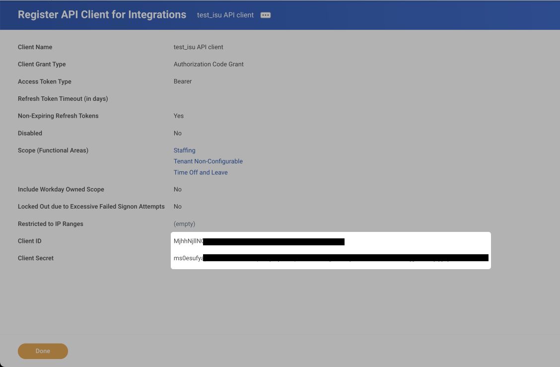 The Client ID and Client Secret shown after registering the API client