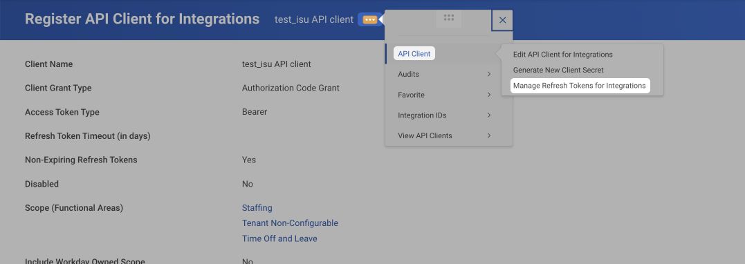 Opening Manage Refresh Tokens for Integrations from the API client menu