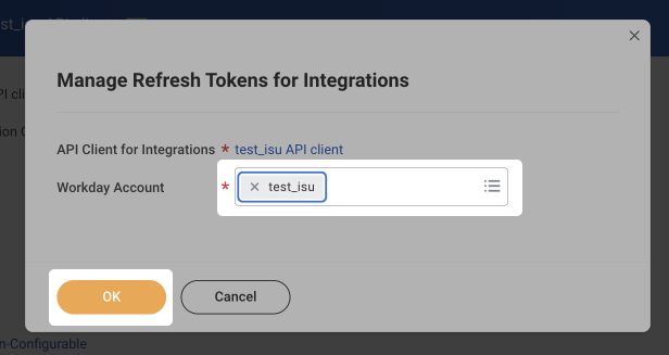 Selecting the Workday account in the Manage Refresh Tokens for Integrations window