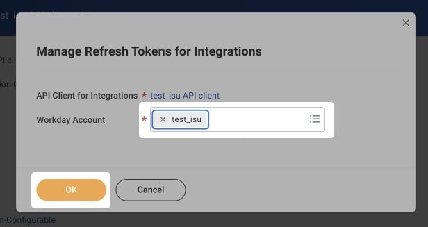 Selecting the Workday account in the Manage Refresh Tokens for Integrations window