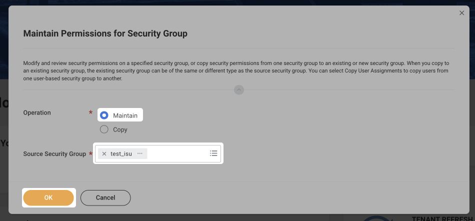 The Maintain Permissions for Security Group window