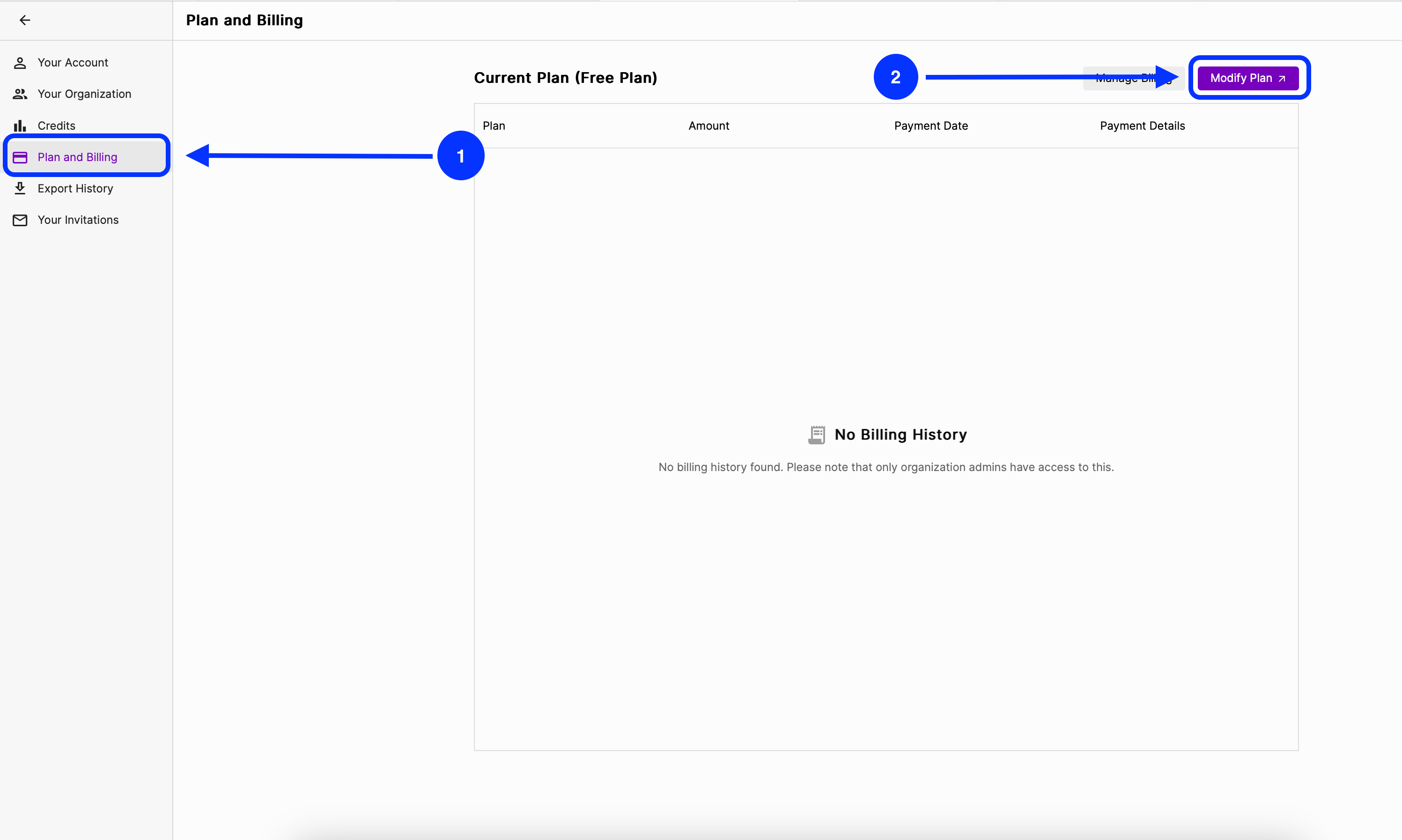 Modify Plan in billing settings