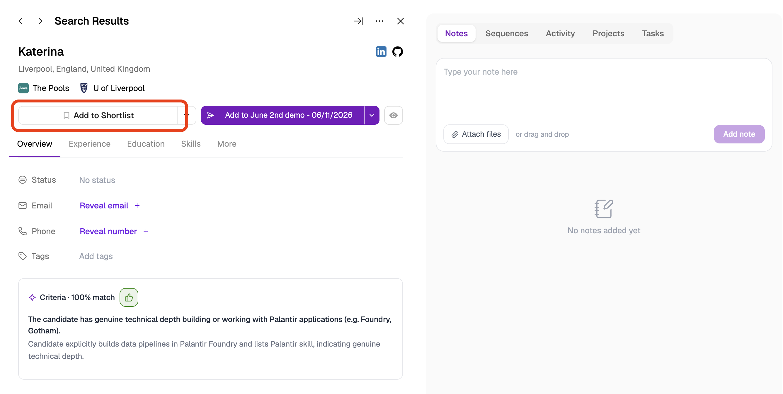 Add To Shortlist From Profile