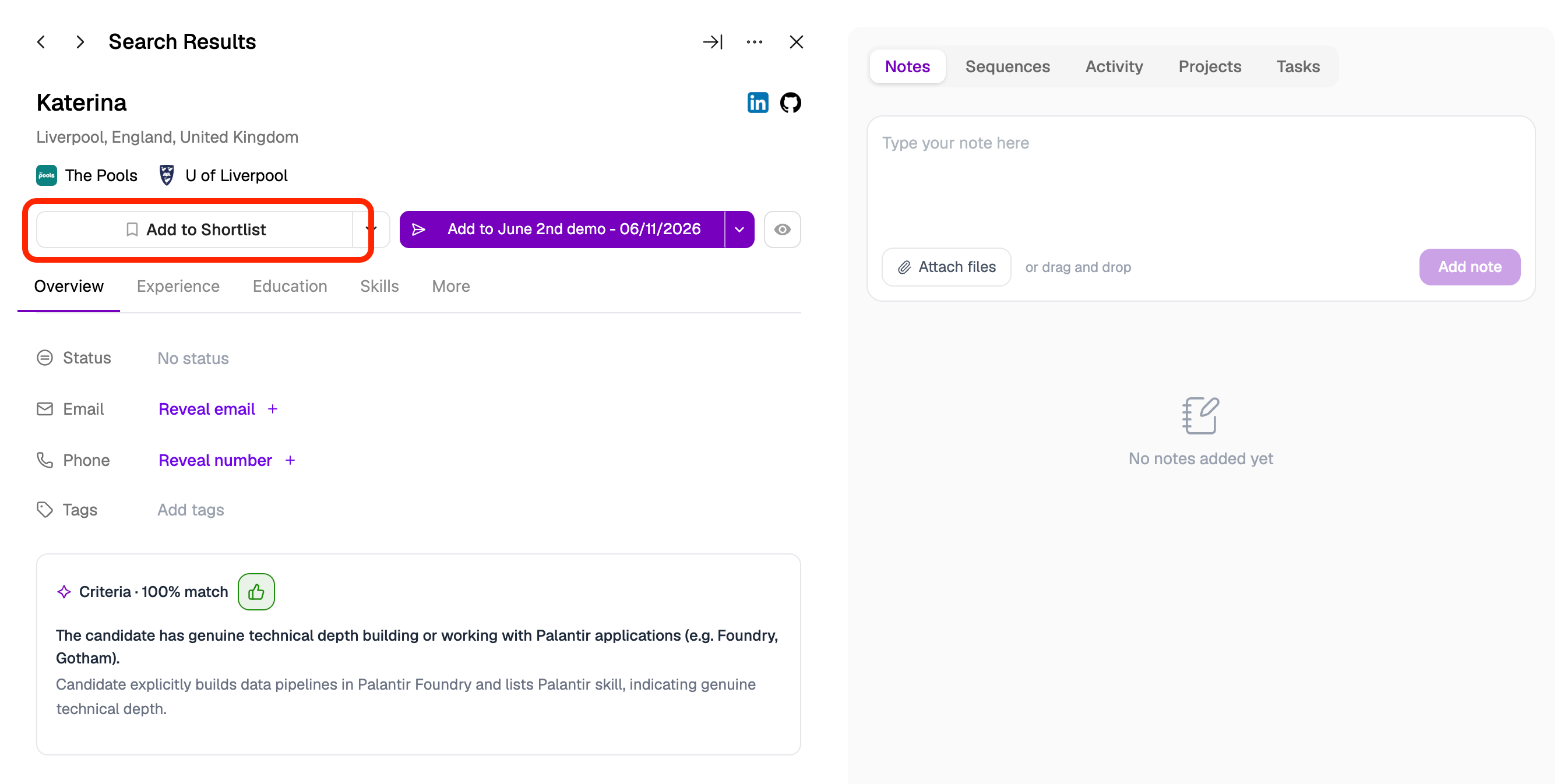 Add To Shortlist From Profile