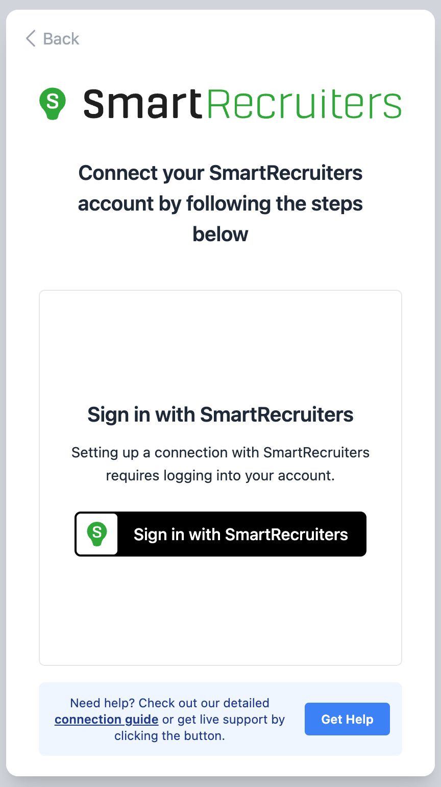 Sign in with SmartRecruiters button in the connection pop-up